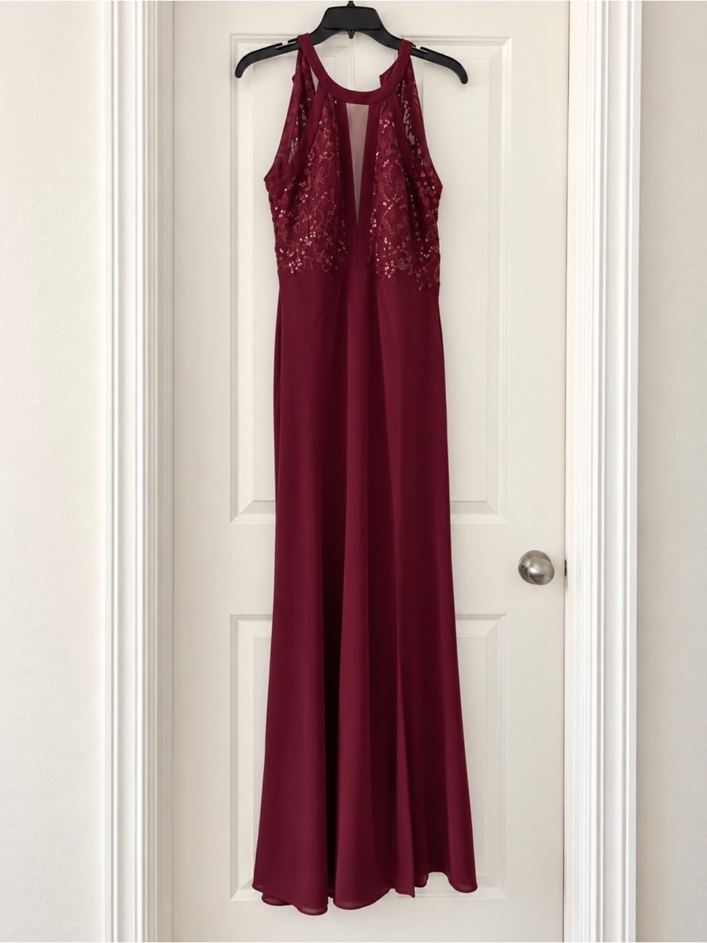 Nightway - Lace-Trim Illusion Halter Gown Burgundy Evening Gown